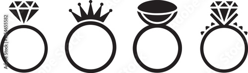 Four black silhouette engagement rings with diamonds in various designs, a minimalist vector icon set for marriage proposals, weddings, and romantic celebrations