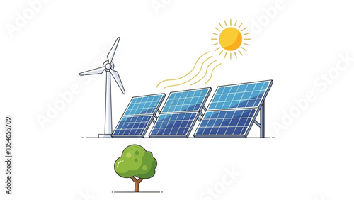 Eco-friendly renewable energy illustration with solar panels and wind turbine