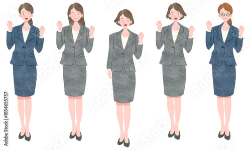 Five variations of a businesswoman in a suit making a guts pose (Illustrator data uses original watercolor texture patterns in swatches)