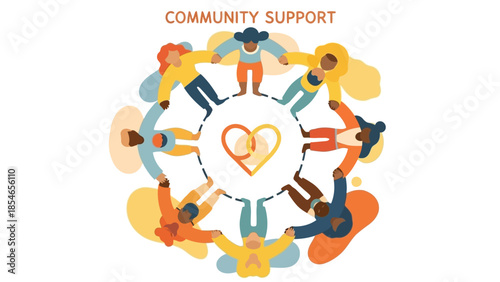 Diverse Community Support Circle with Hearts Modern flat vector illustration.