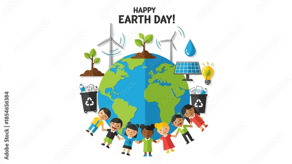 Obraz premium Children Celebrating Earth Day with Eco-Friendly Symbols and Globe