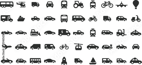 Vehicle transport icon collection featuring car, bus, van, truck, bike, train, plane and boat icons.