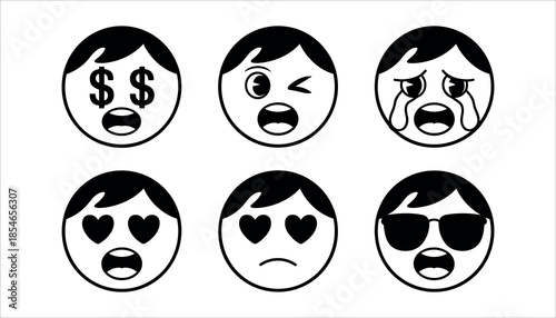 Black and white emoticon faces with various expressions cartoon