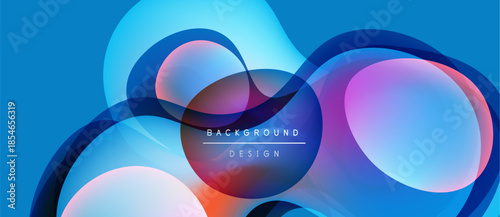 Abstract fluid shapes overlap, creating vibrant blue, purple, orange gradients. Text reads background design within composition. Modern aesthetic.