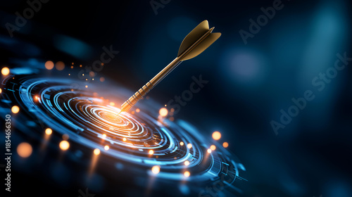 Arrow hitting digital target bullseye, futuristic tech design representing success, precision and accuracy strategy, goal visualization with data, business achievement concept, with copy space