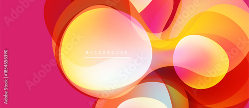 Abstract vibrant shapes overlap. Warm colors dominate, creating dynamic visual effect. Pink background enhances overall composition.