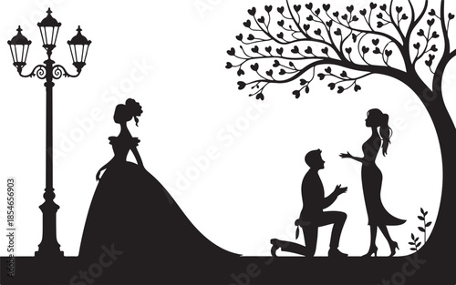Romantic couple proposal silhouette under heart tree, love and relationship vector illustration with street lamp, Valentine concept for romance, affection, and emotion