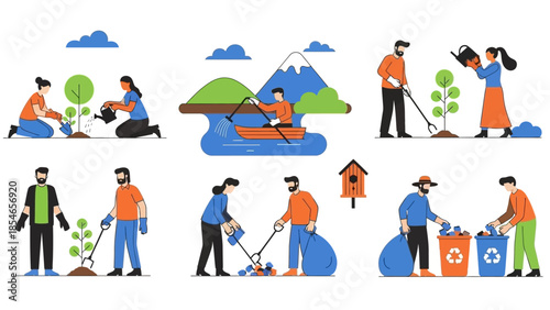 Eco-friendly activities and recycling in flat vector illustrations