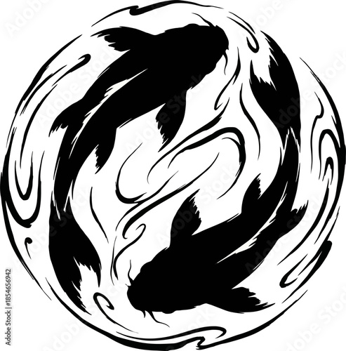 Koi Fish Yin Yang Silhouette. Fluid Ink Brush Vector for Zen Decoration