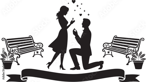 Romantic marriage proposal silhouette with hearts and benches in the park