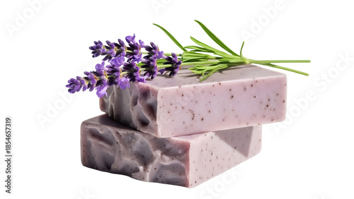 Handmade lavender soap bars isolated PNG, natural skincare product with essential oils for aromatherapy and relaxation on transparent background