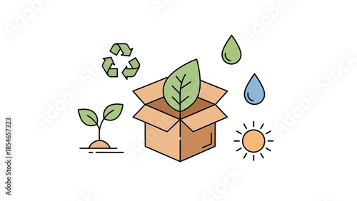 Eco-friendly concept with cardboard box and nature symbols