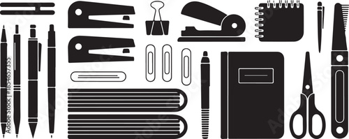Set of vector office supplies icon. Business silhouette icons