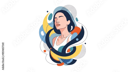A serene female figure surrounded by vibrant, swirling abstract shapes and lines, depicted in a modern illustration style