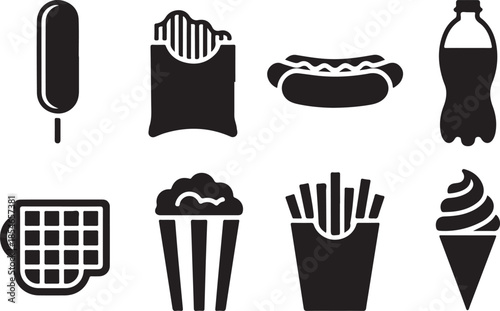 Silhouette icons of snack foods and drinks on dark background
