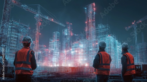 futuristic, dynamic image of a construction site at dusk. In the center, a BIM digital mock-up hologram floats above the construction site. Three engineers, wearing orange safety