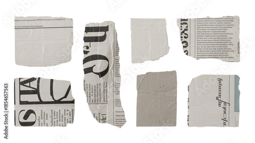Torn newspaper clippings on white background
