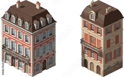 Isometric European townhouse buildings illustration featuring classic residential architecture, detailed facades, balconies, and historic urban housing design in clean vector style