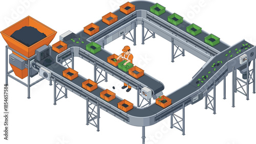 Isometric factory conveyor belt system illustration showing industrial production line with worker sorting materials, automated manufacturing process, and logistics workflow design