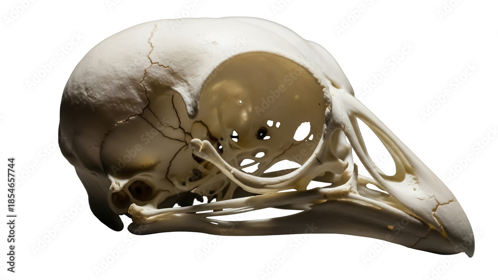 Fototapeta premium Bird skull isolated PNG on transparent background, anatomical avian bone structure for educational and scientific use