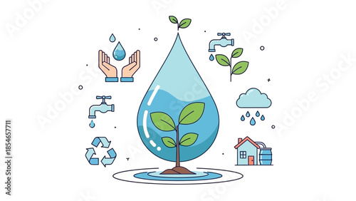 Eco-friendly water conservation concept with plant and recycling symbols