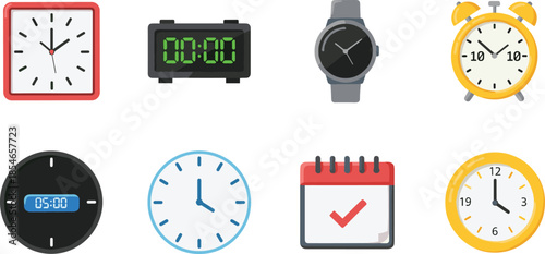 Time and clock icons collection featuring analog clocks, digital alarms, wristwatch, and calendar symbols in modern flat vector illustration style