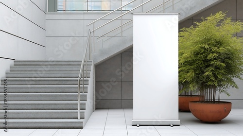 White Blank roll-up banner template standing in lobby side stairs. Blank advertisement mockup in business space, Commercial pull-up display, for add cover