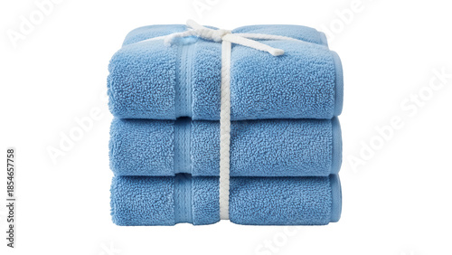Tableau sur toile Stack of three light blue terrycloth towels tied with white string isolated PNG,