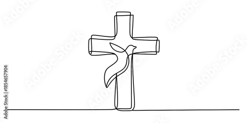 Christian cross with a dove in continuous line art style Vector, illustration