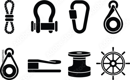 Minimalist black and white nautical equipment icons set featuring ropes, pulleys, carabiner, winch, cleat, and ship wheel symbols