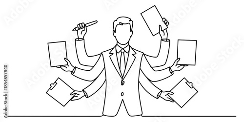 Multitasking businessman with multiple hands and documents Vector, illustration