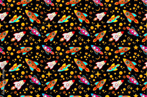 Colorful rocket seamless pattern on black background. Cute space rocket pattern design. Playful rocket seamless background. Fun cartoon rockets with stars pattern. Kids space theme seamless pattern.