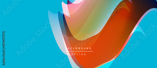 Abstract fluid shapes overlap, creating vibrant color gradients. Turquoise background complements dynamic design elements. Modern, stylish composition.
