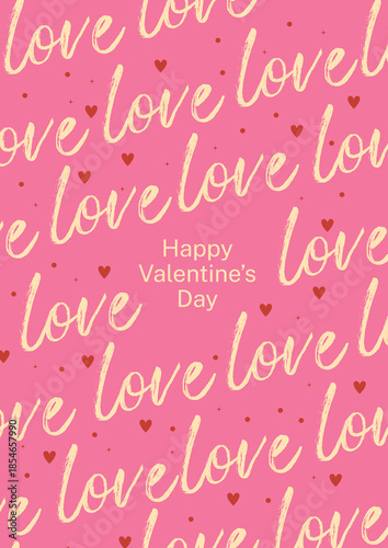 Happy Valentine's Day greeting card with repeating pink "Love" script typography and small hearts