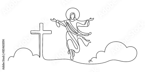 Continuous line drawing of jesus christ resurrection and cross with clouds Vector, illustration