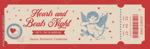 Vintage Valentine's Day event ticket template with cupid, hearts, and "Hearts and Beats Night" text