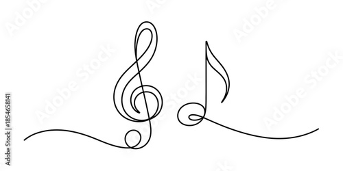 Simple one line drawing of a treble clef and eighth note Vector, illustration