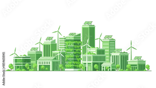 Green cityscape with solar panels and wind turbines for sustainable energy