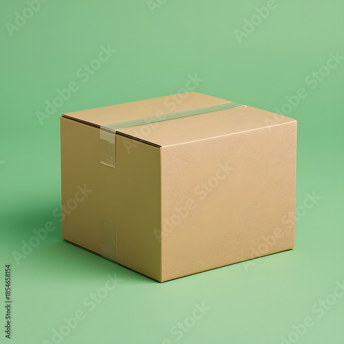 AI generated illustration of a closed brown cardboard box viewed from a slightly low front angle, isolated on a solid green background. Packaging, storage, and delivery concept.