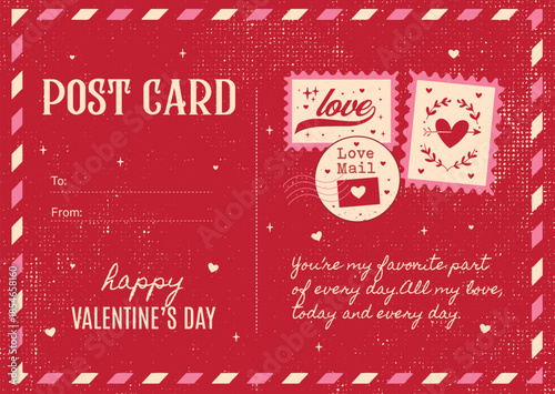 Retro red Valentine's Day postcard template with airmail border and "Love Mail" stamp illustrations