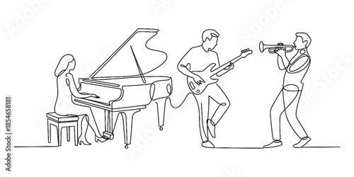A continuous line drawing capturing three musicians performing a concert on piano, guitar, and trumpet Vector, illustration