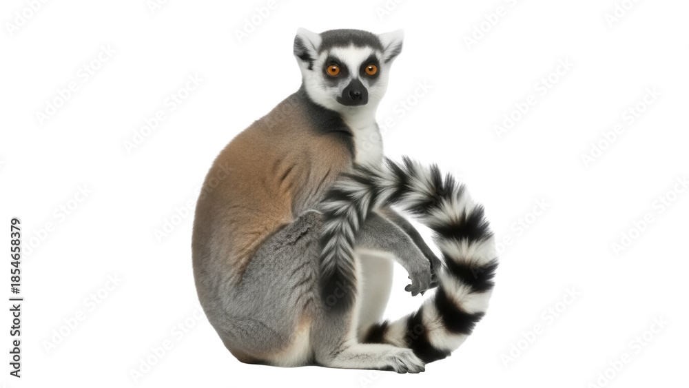 Obraz premium Ring-tailed lemur sitting isolated PNG, primate with black and white striped tail on transparent background, Madagascar wildlife