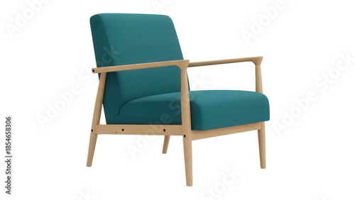 Modern teal armchair isolated PNG on transparent background, contemporary seat with wooden frame for living room and home decor