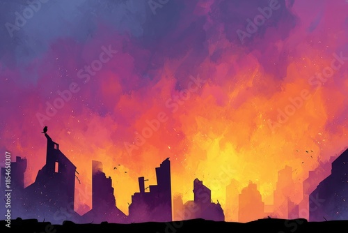 Illustration of a city ruin with raging fire. Painting style