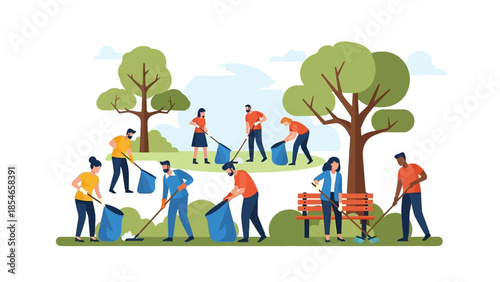 Volunteers cleaning park with tools and bags in a community effort