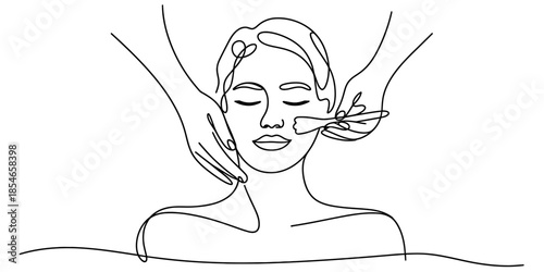 Continuous line drawing of a woman receiving a facial treatment Vector, illustration