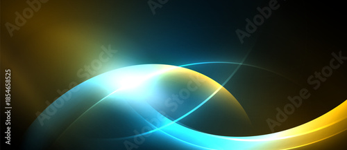 Abstract light curves radiate, blending gold, blue hues. Bright center draws eye, creating dynamic visual effect. Smooth gradients dominate composition.