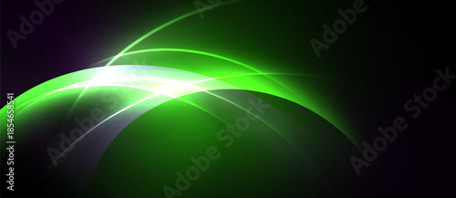 Abstract green curves radiate from bright center. Dark background creates dynamic visual effect. Smooth lines suggest movement, energy.