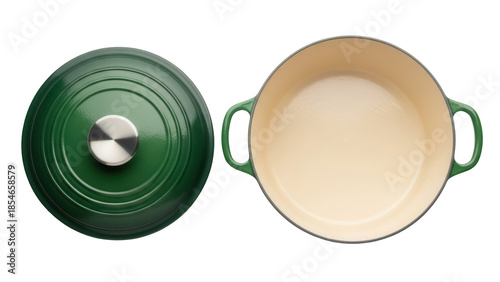 Green enameled cast iron dutch oven with lid isolated PNG, cooking pot cookware on transparent background for kitchen and food design
