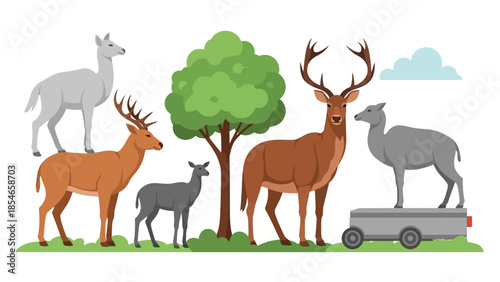 Vector illustration of deer family in a natural setting with tree